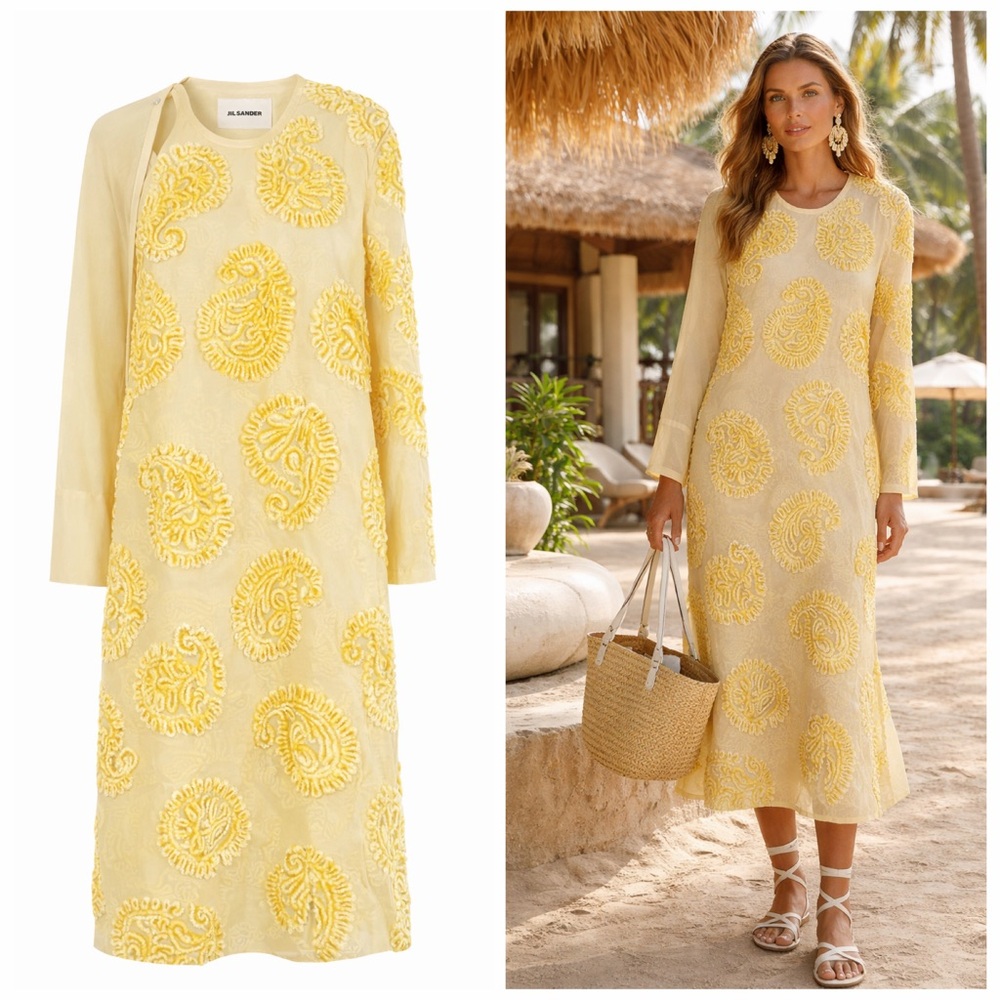 Jil Sander Yellow Embroidered Paisley Kaftan Midi Dress Cotton Sheer IT36 US 2